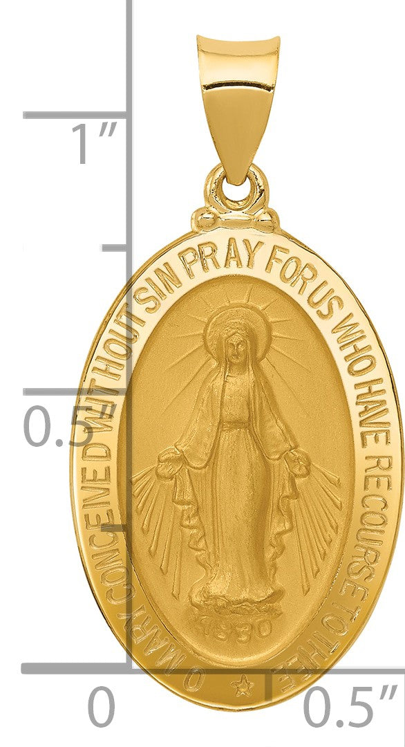 14k Polished and Satin Hollow Miraculous Medal Oval Pendant