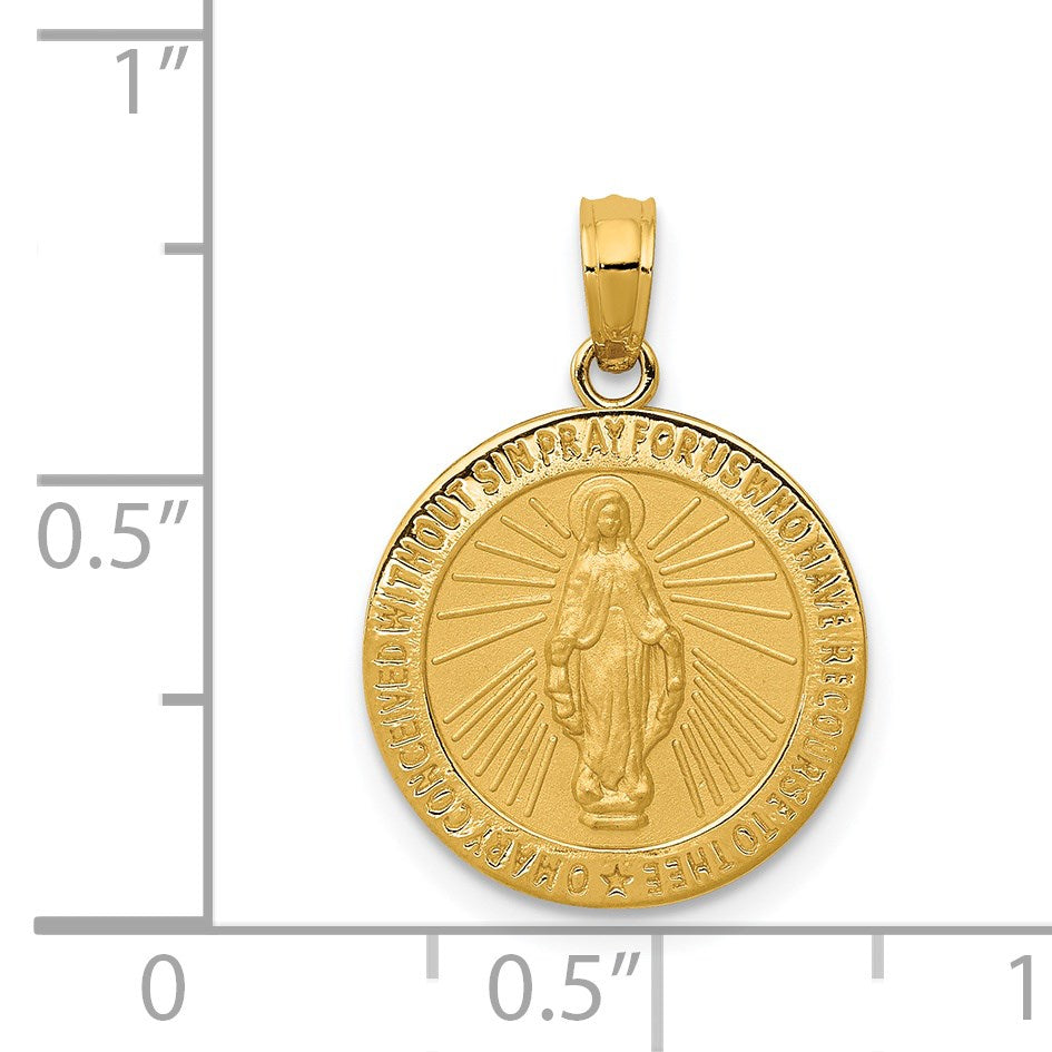 14k Polished and Satin Solid Miraculous Medal Round Pendant