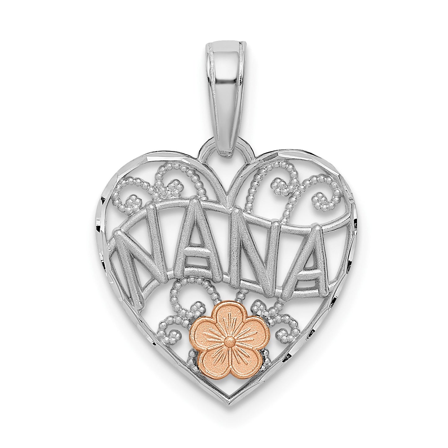 14k White Gold with Rose Gold Flower NANA Heart Pendant