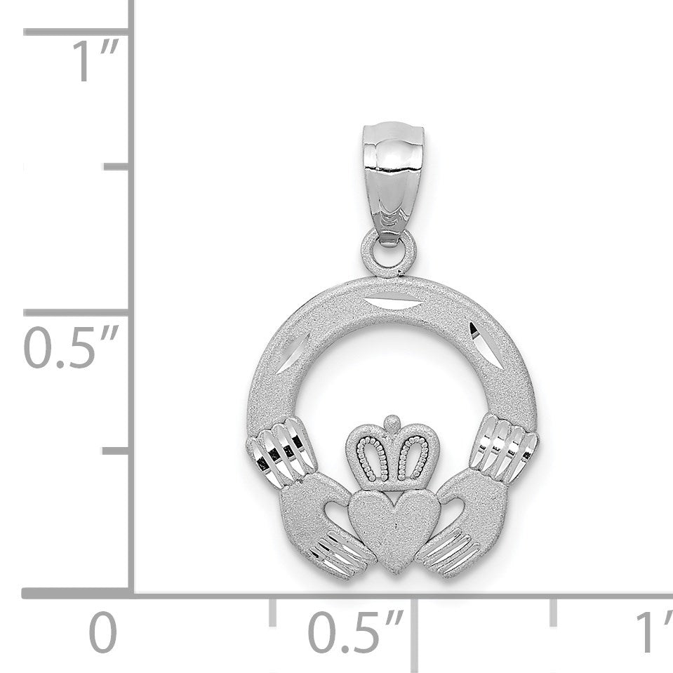 14k White Gold Solid Diamond-cut Claddagh Pendant