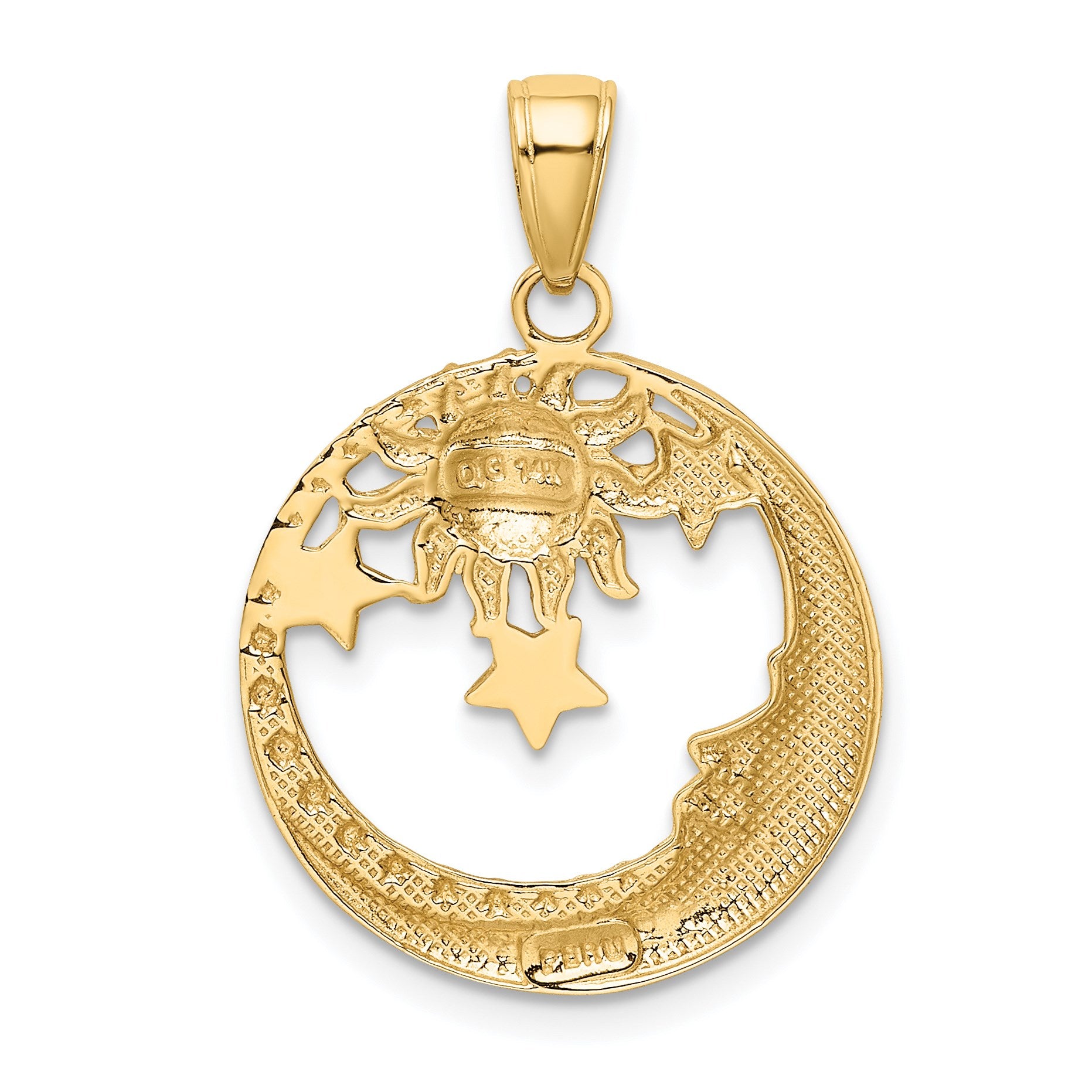 14k and White Rhodium Diamond-cut Moon/Stars/Sun Pendant