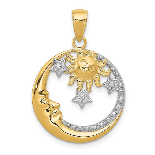 14k and White Rhodium Diamond-cut Moon/Stars/Sun Pendant