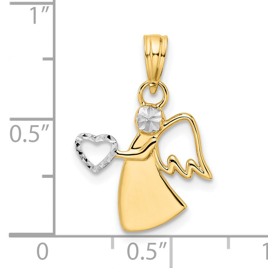 14k and White Rhodium Diamond-cut Angel Holding Heart Pendant