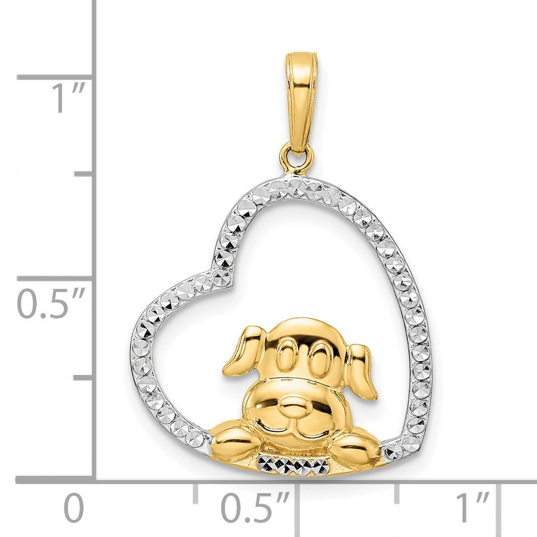 14k and White Rhodium Diamond-cut Puppy in Heart Pendant
