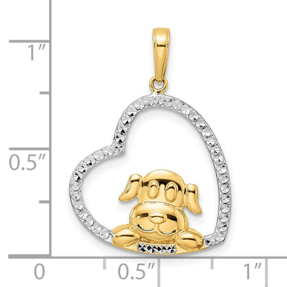 14k and White Rhodium Diamond-cut Puppy in Heart Pendant