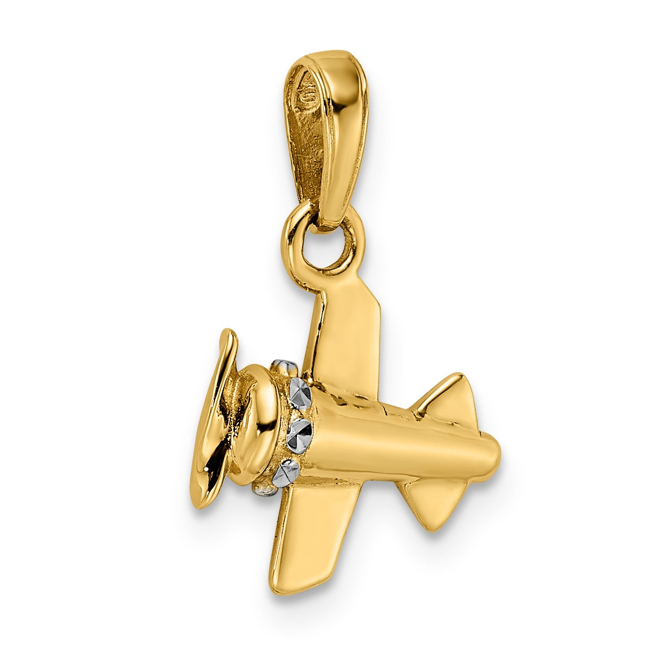 14k and White Rhodium 3-D Diamond-cut Airplane Pendant