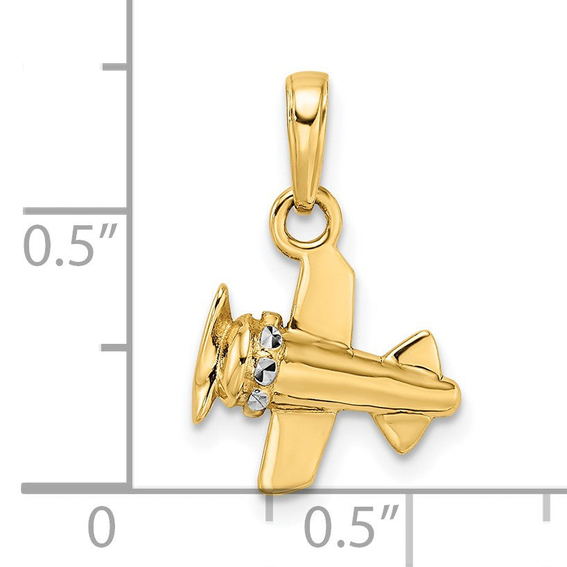 14k and White Rhodium 3-D Diamond-cut Airplane Pendant