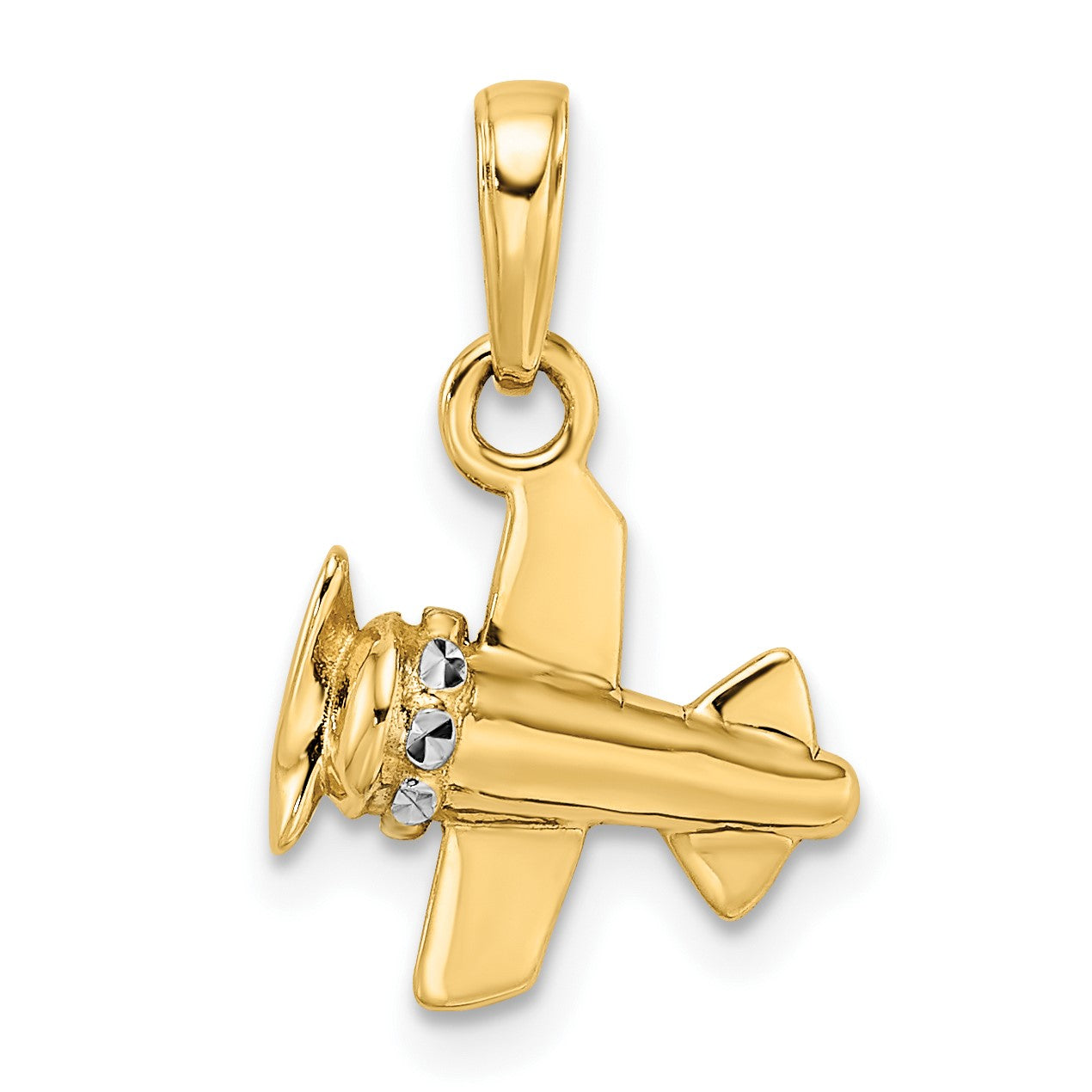 14k and White Rhodium 3-D Diamond-cut Airplane Pendant