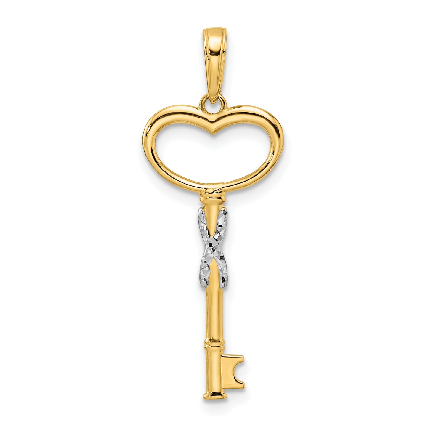 14k and White Rhodium Diamond-cut Heart Key Pendant