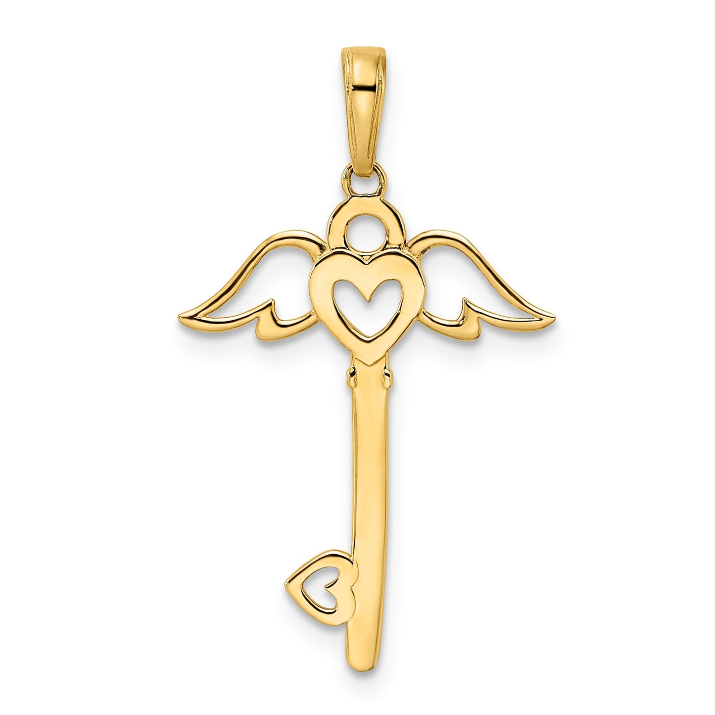 14k and White Rhodium Diamond-cut Heart/Angel Wings Key Pendant