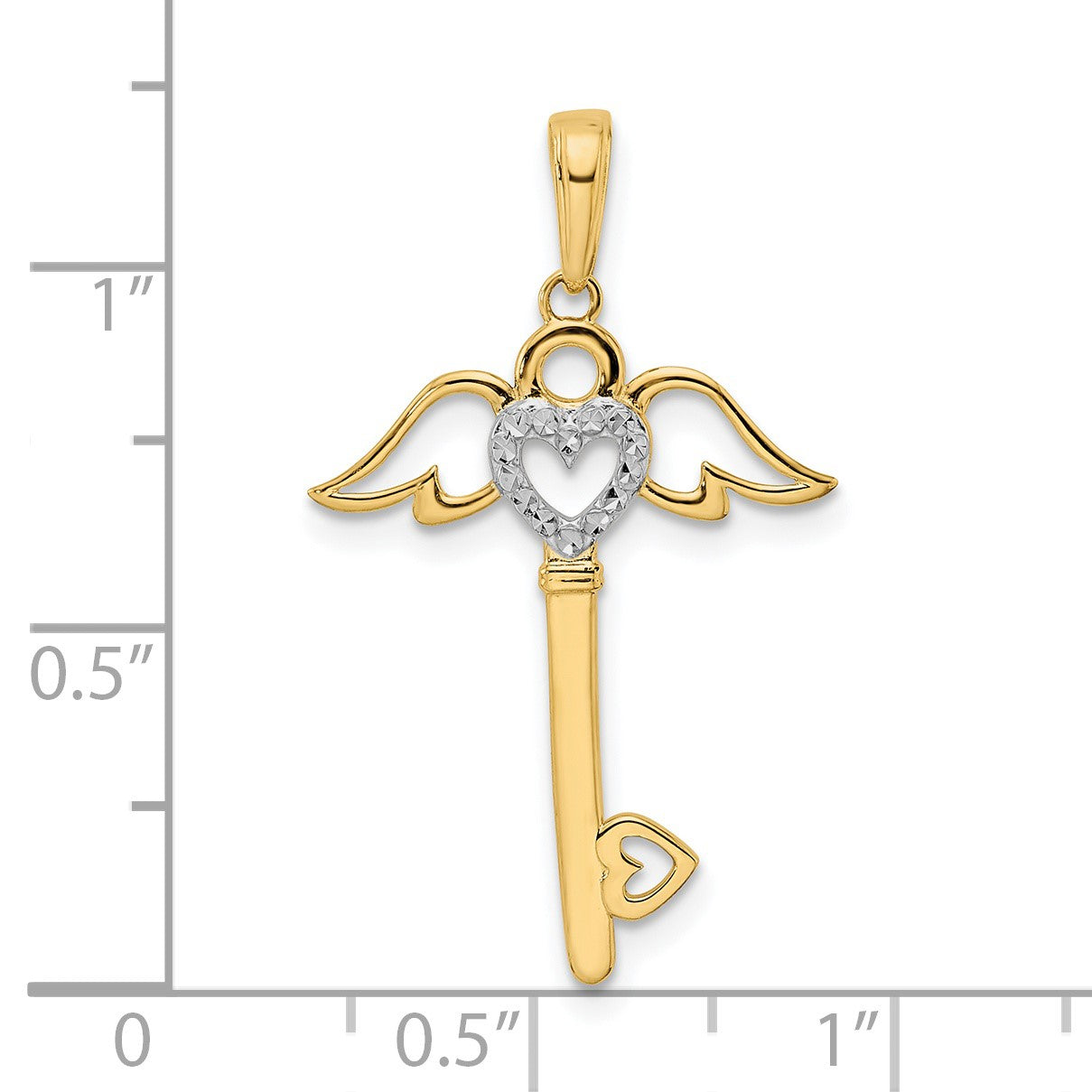 14k and White Rhodium Diamond-cut Heart/Angel Wings Key Pendant