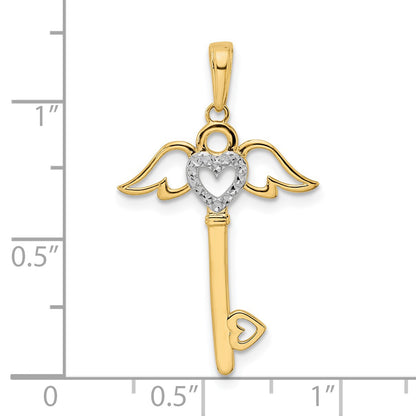 14k and White Rhodium Diamond-cut Heart/Angel Wings Key Pendant
