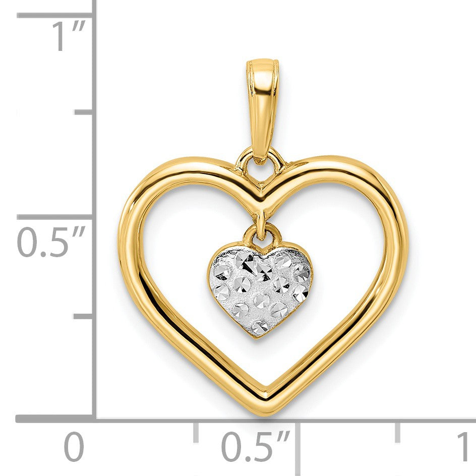 14k and White Rhodium Diamond-cut Heart Dangle in Heart Pendant