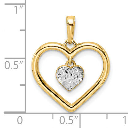 14k and White Rhodium Diamond-cut Heart Dangle in Heart Pendant