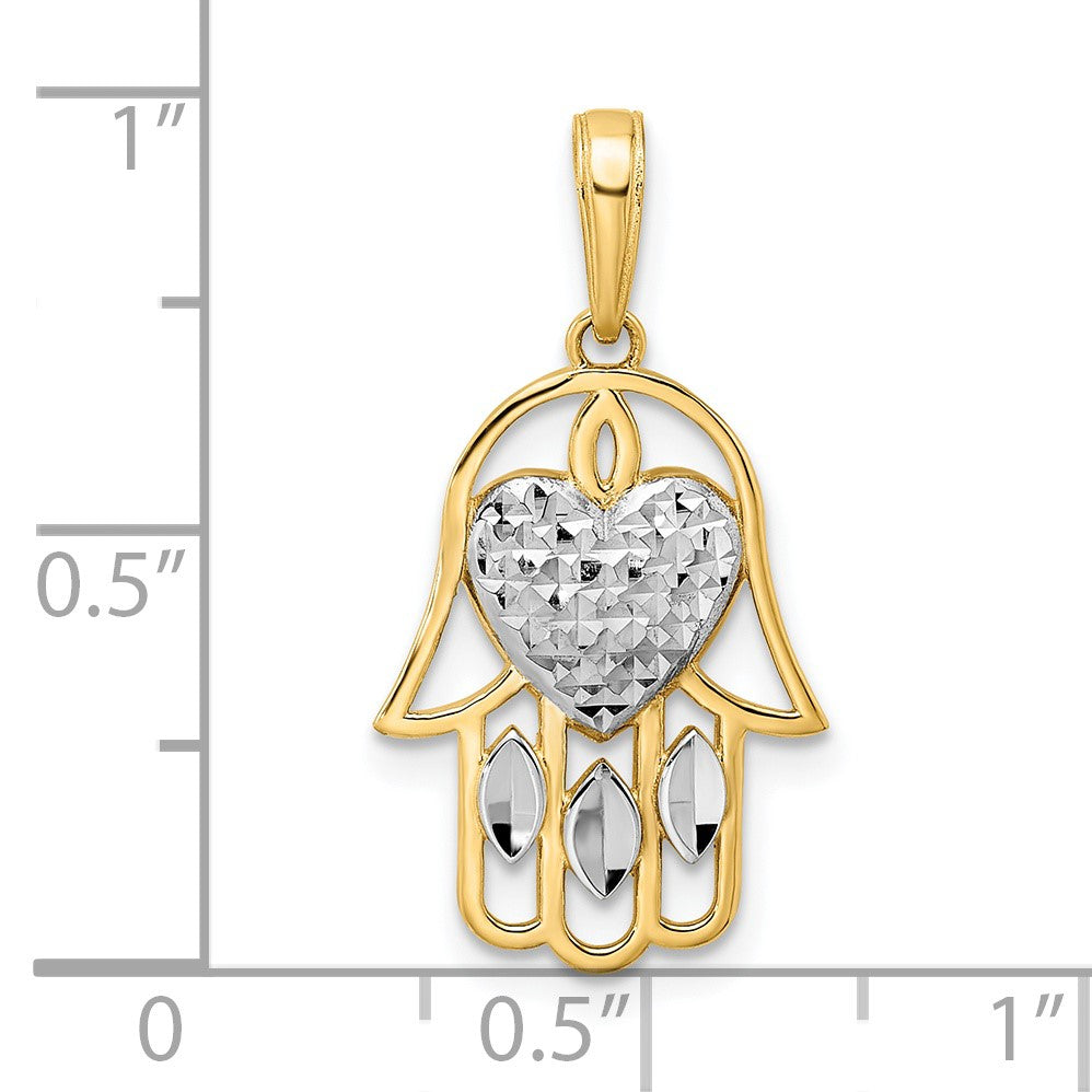 14k and White Rhodium Diamond-cut Heart Hamsa Pendant