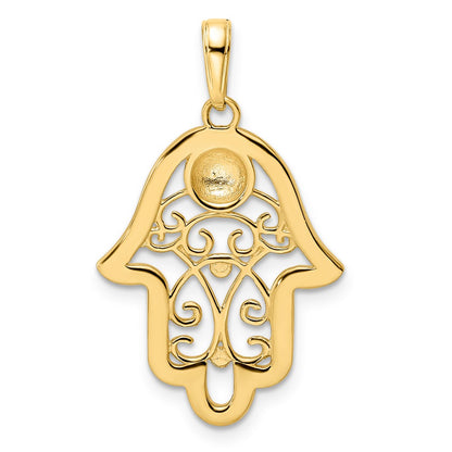 14k & White Rhodium D/C Evil Eye Filigree Hamsa Pendant