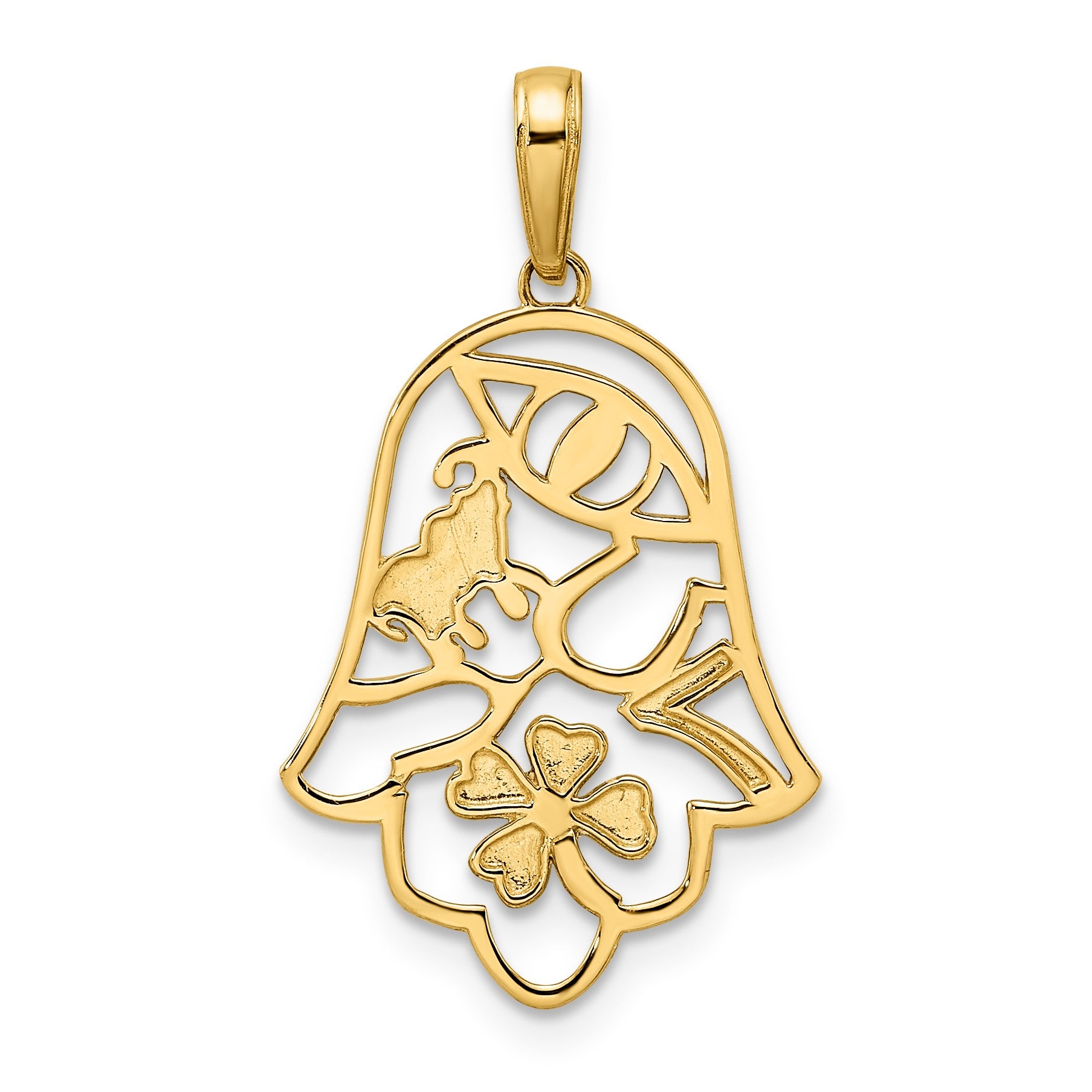 14k and White Rhodium Diamond-cut Good Luck Symbols on Hamsa Pendant