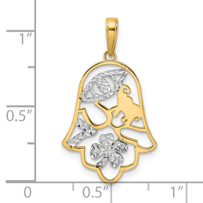 14k and White Rhodium Diamond-cut Good Luck Symbols on Hamsa Pendant