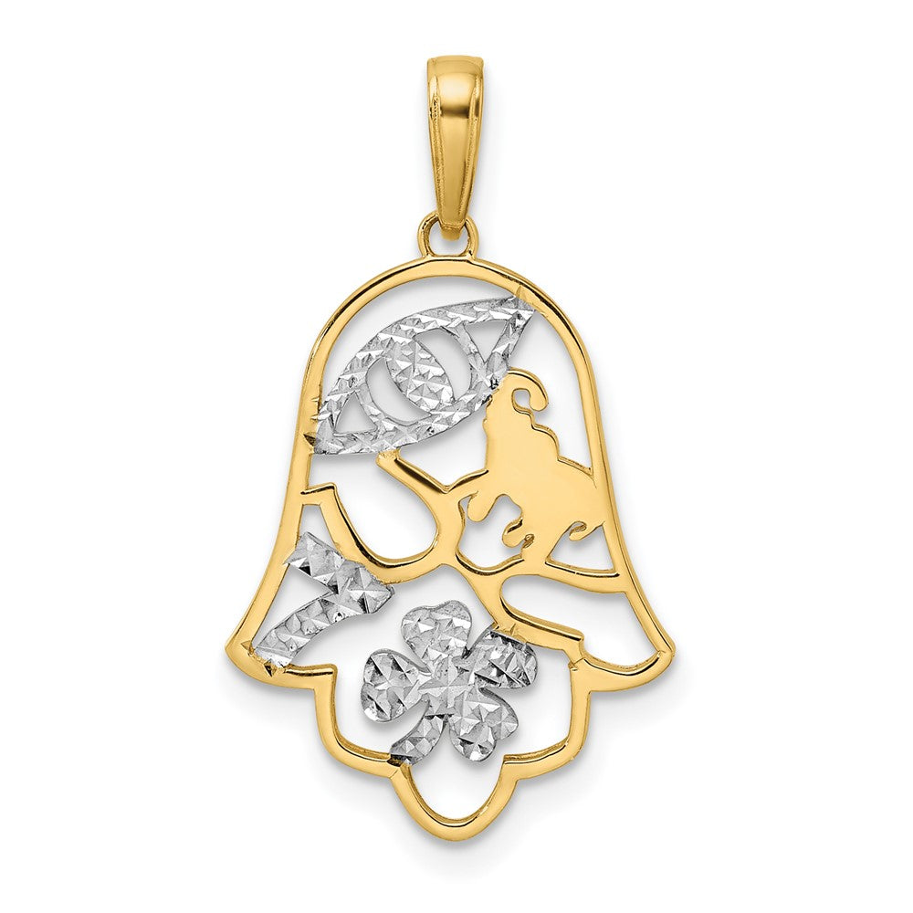 14k & White Rhodium D/C Good Luck Symbols on Hamsa Pendant