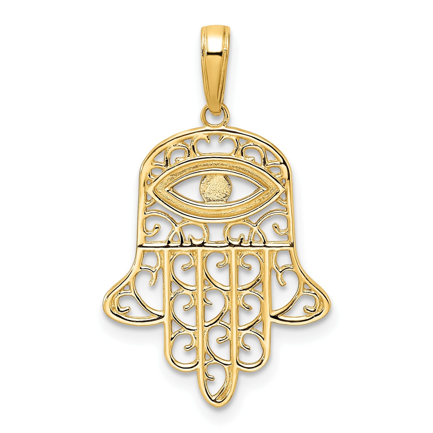 14k and White Rhodium Diamond-cut Filigree Evil Eye Hamsa Pendant