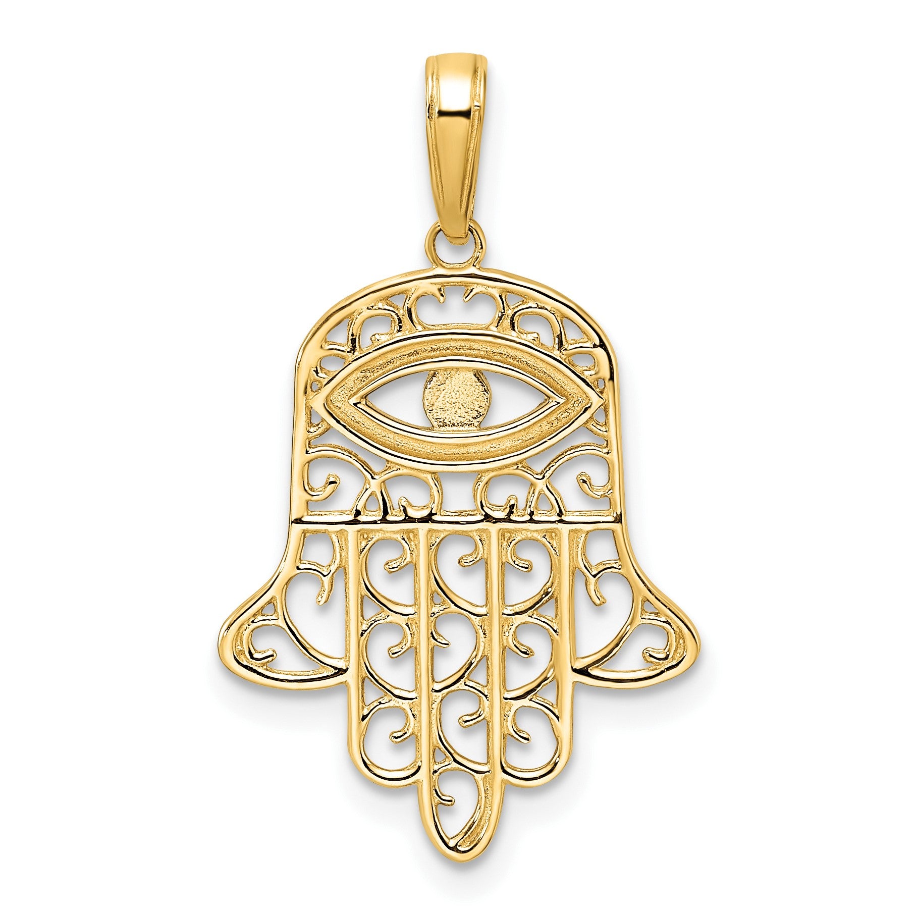 14k and White Rhodium Diamond-cut Filigree Evil Eye Hamsa Pendant