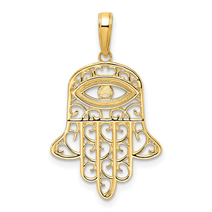 14k and White Rhodium Diamond-cut Filigree Evil Eye Hamsa Pendant