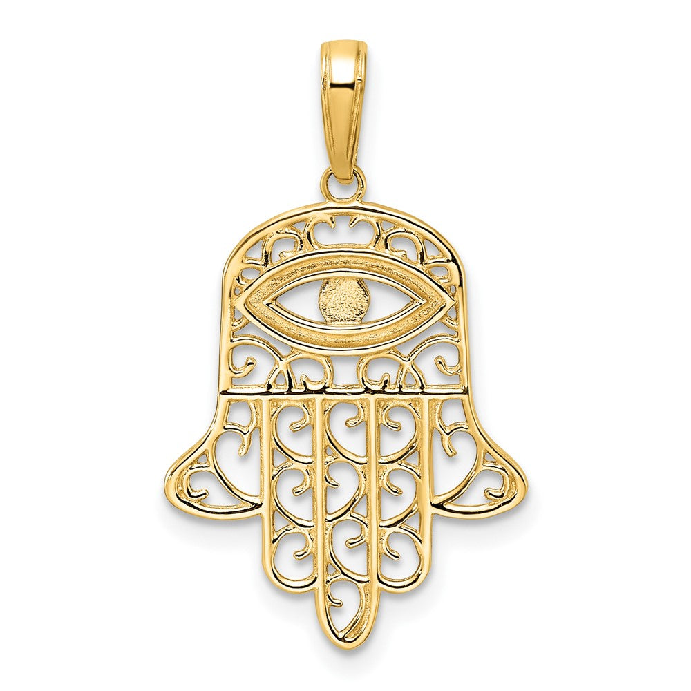 14k & White Rhodium D/C Filigree Evil Eye Hamsa Pendant