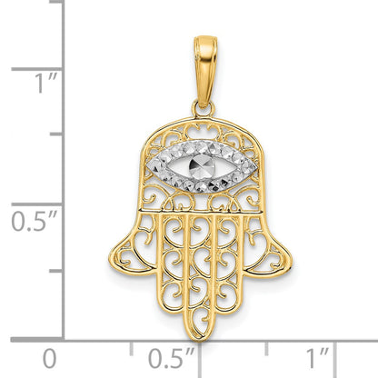 14k and White Rhodium Diamond-cut Filigree Evil Eye Hamsa Pendant