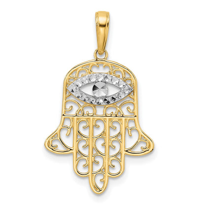 14k & White Rhodium D/C Filigree Evil Eye Hamsa Pendant