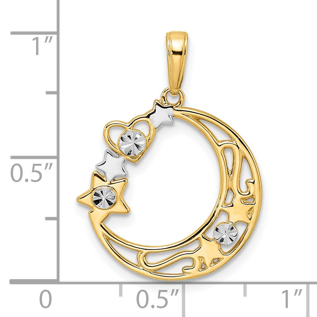 14k and White Rhodium Diamond-cut Heart/Star/Moon Pendant