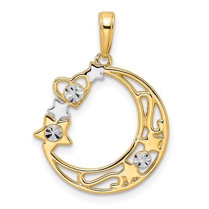 14k & White Rhodium D/C Heart, Star & Moon Pendant