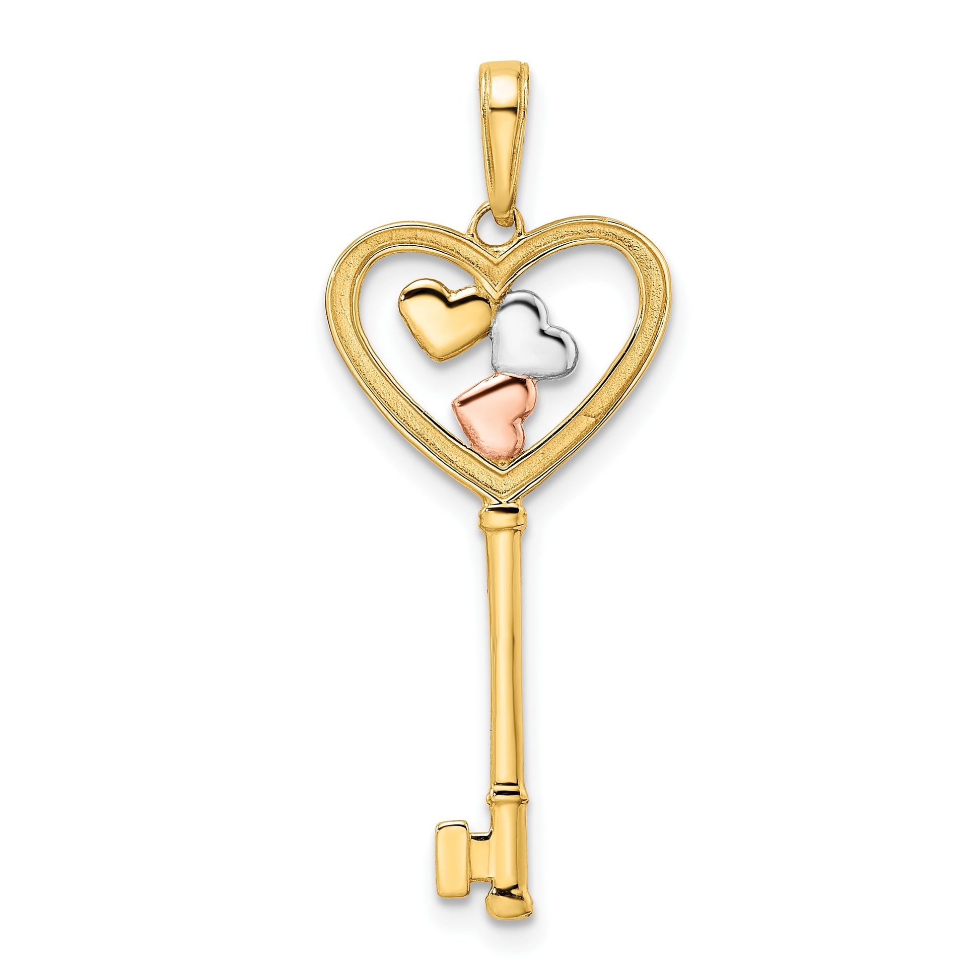14k with White and Rose Rhodium Diamond-cut Hearts Key Pendant