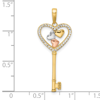 14k with White and Rose Rhodium Diamond-cut Hearts Key Pendant