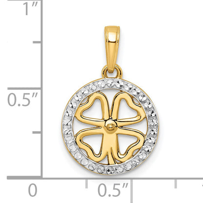 14K and White Rhodium Diamond-cut Four-leaf Clover Pendant
