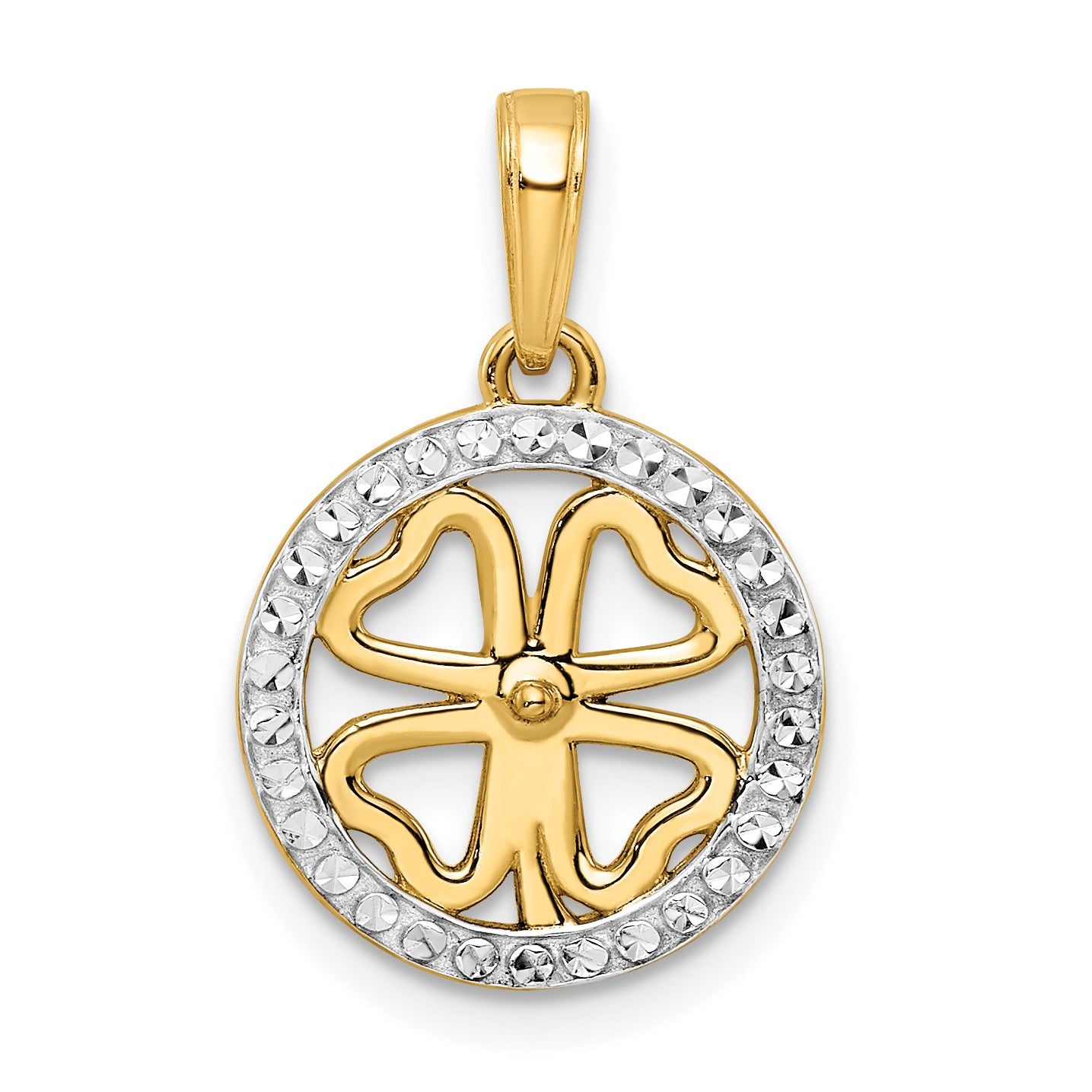 14K and White Rhodium Diamond-cut Four-leaf Clover Pendant