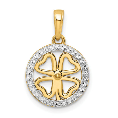 14K and White Rhodium Diamond-cut Four-leaf Clover Pendant