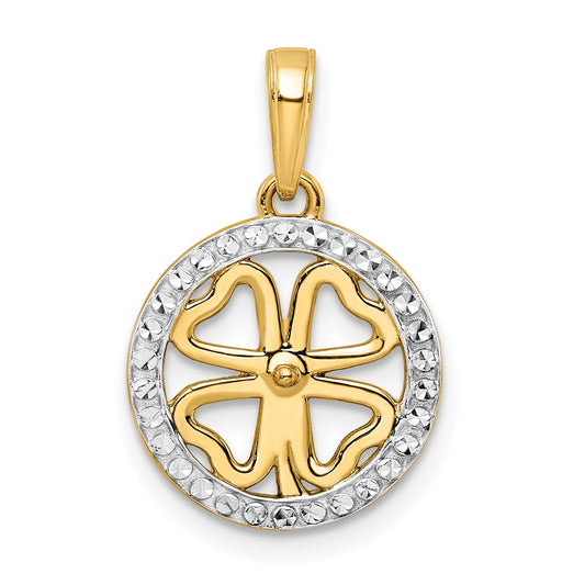14K and White Rhodium Diamond-cut Four-leaf Clover Pendant