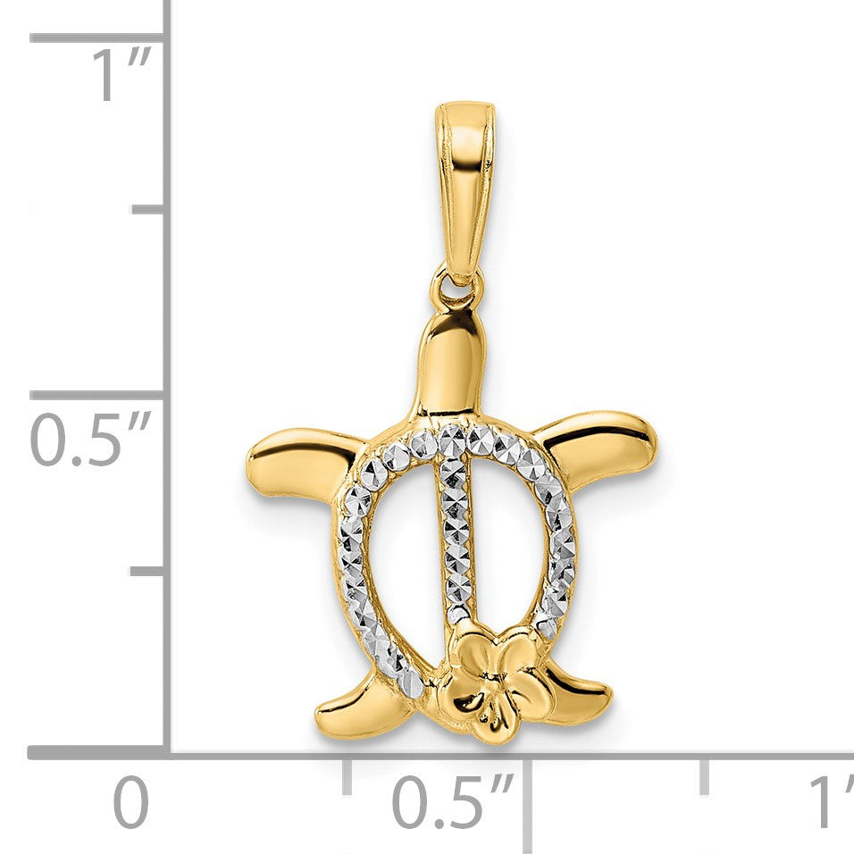 14k and White Rhodium Diamond-cut Turtle with Flower Pendant
