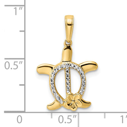 14k and White Rhodium Diamond-cut Turtle with Flower Pendant