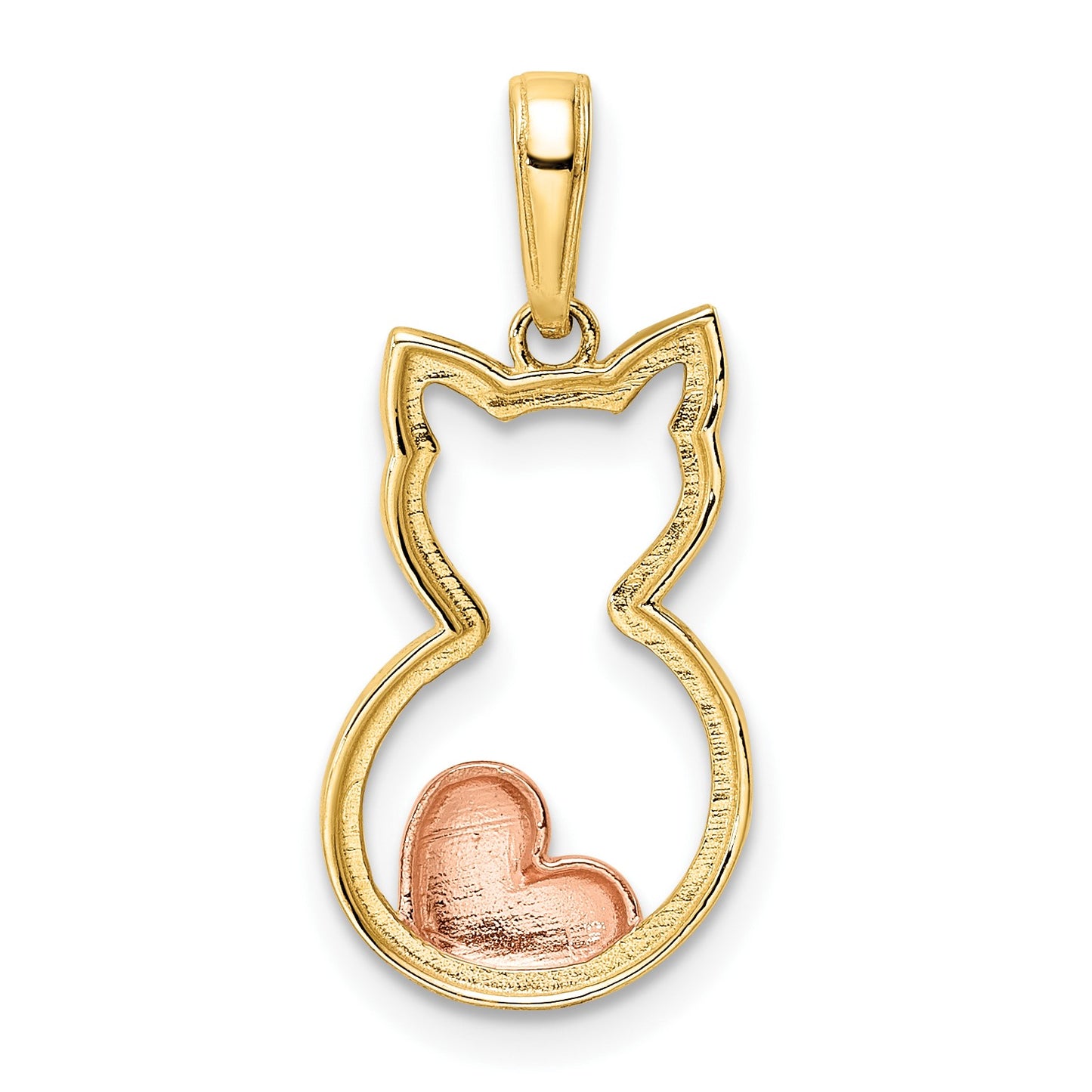 14k and White and Rose Rhodium Diamond-cut Cat with Heart Pendant