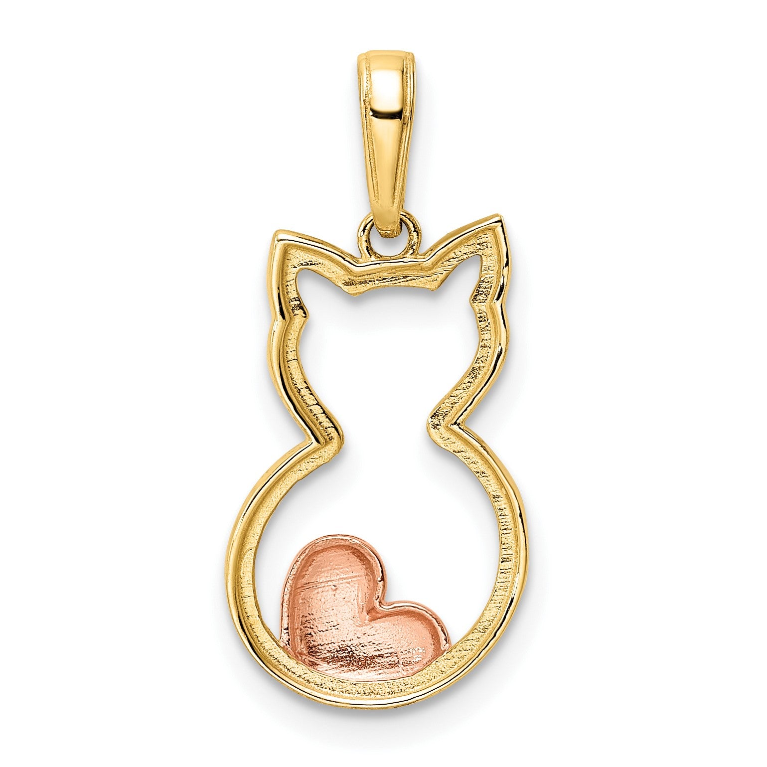 14k and White and Rose Rhodium Diamond-cut Cat with Heart Pendant