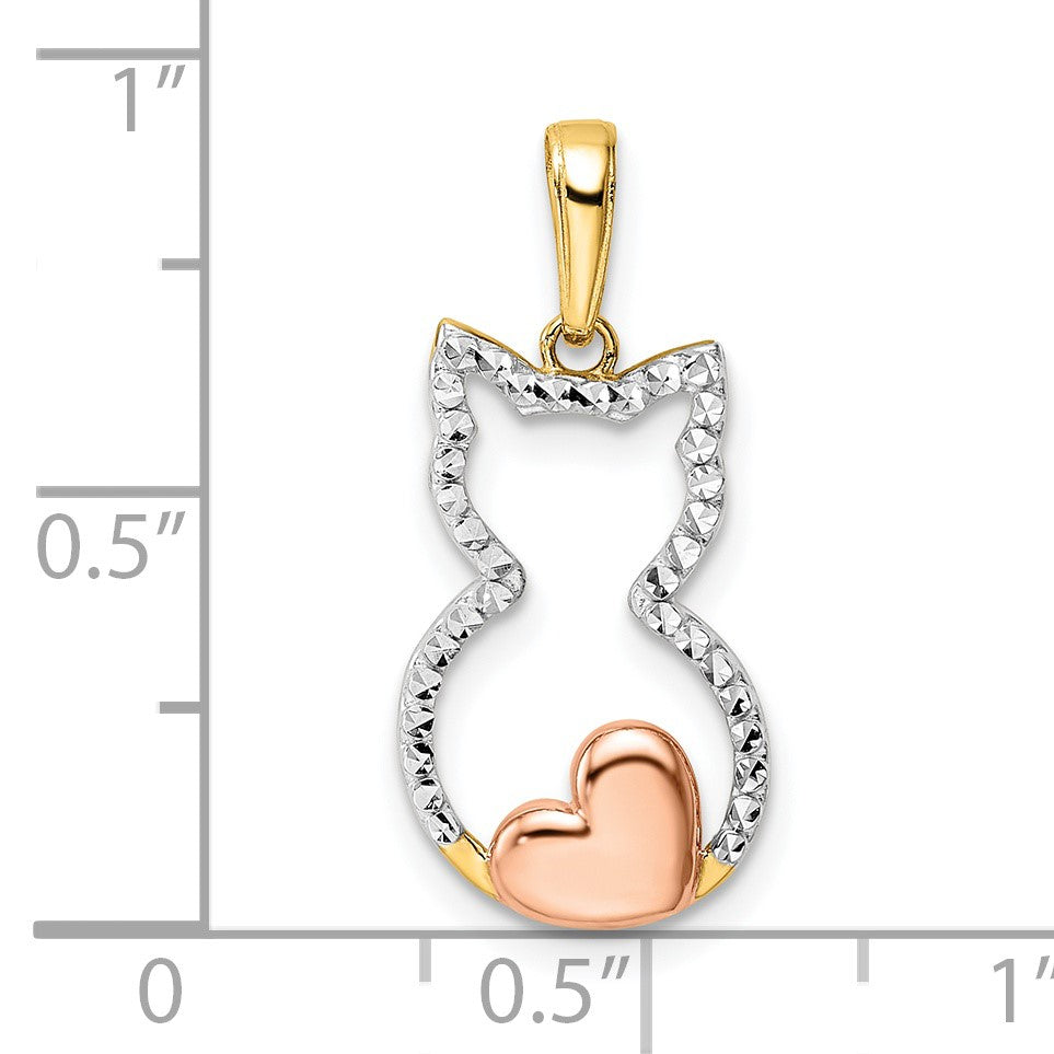 14k and White and Rose Rhodium Diamond-cut Cat with Heart Pendant