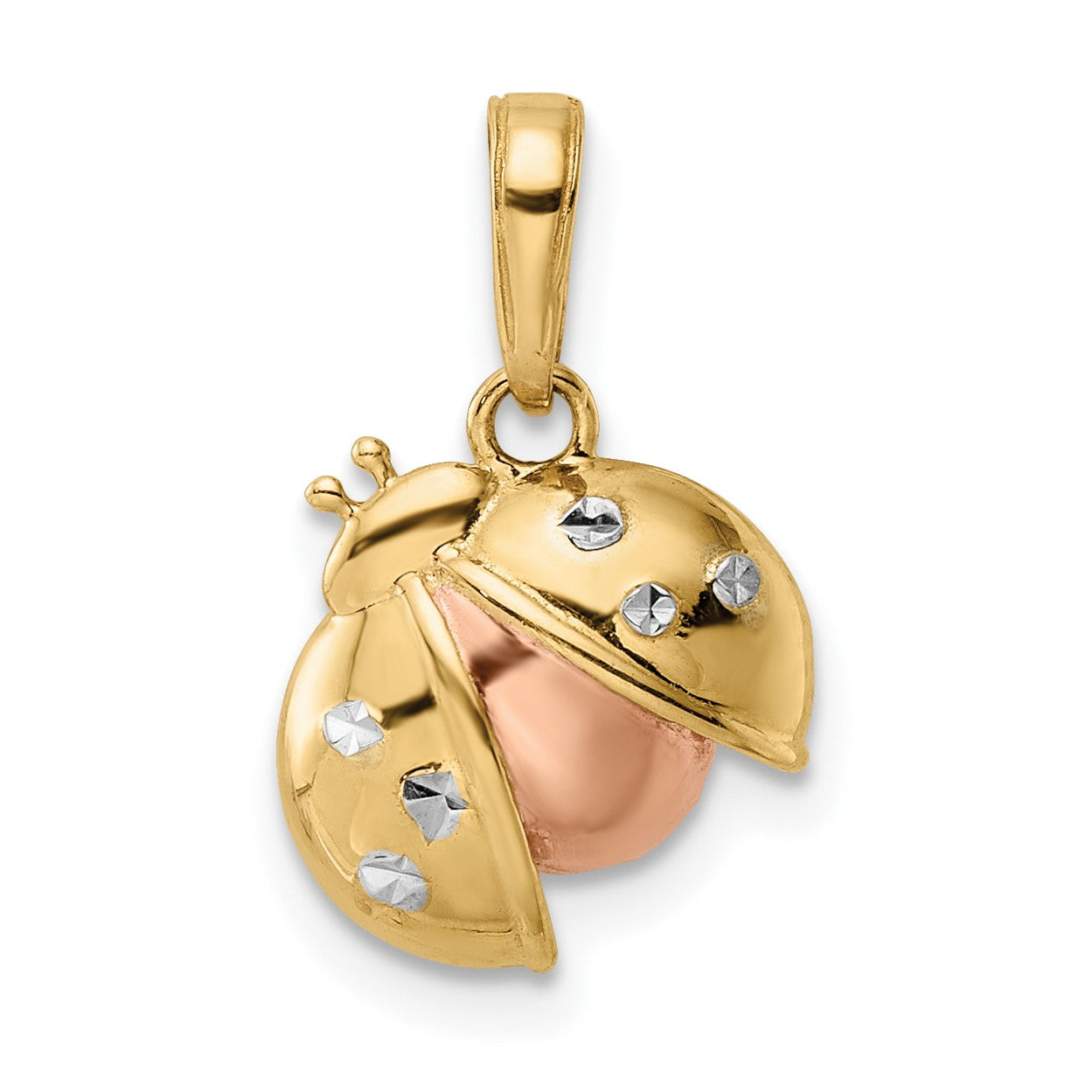 14k with White and Rose Rhodium Diamond-cut Ladybug Pendant