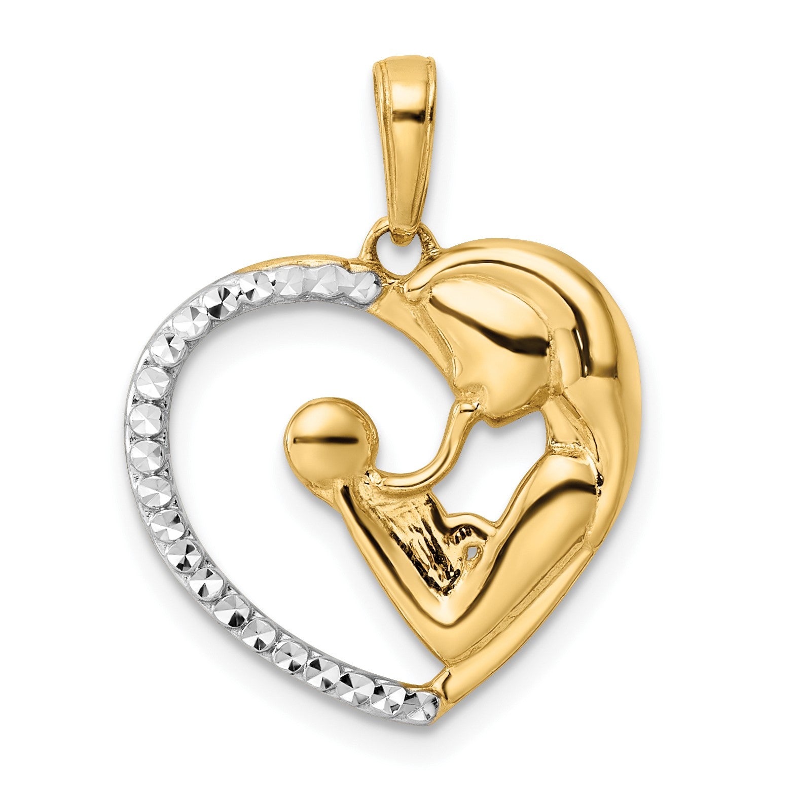 14k and White Rhodium Diamond-cut Mother and Baby Heart Pendant