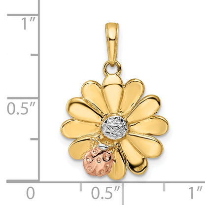 14k with White and Rose Rhodium Diamond-cut Ladybug on Flower Pendant