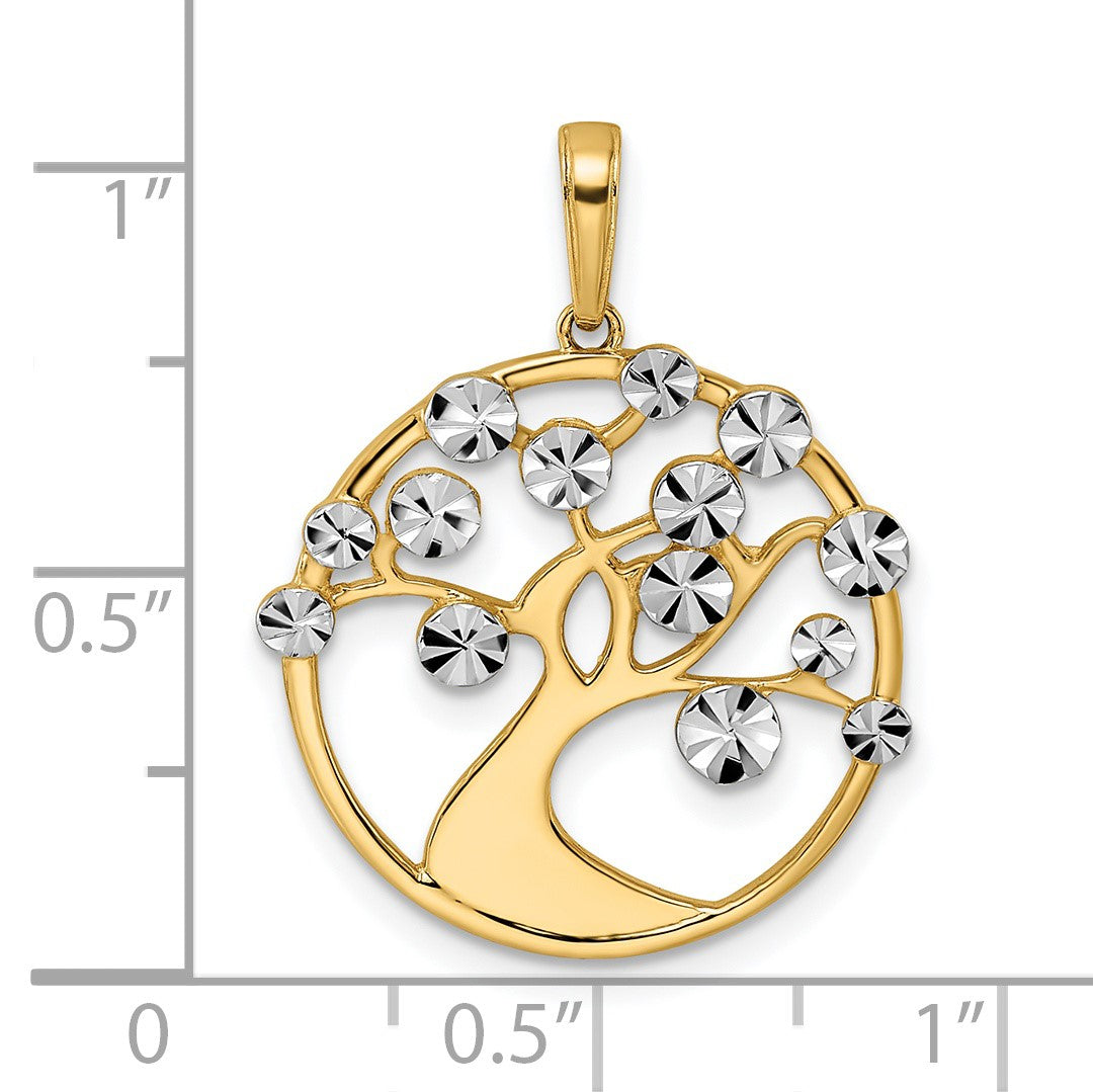 14K and White Rhodium Diamond-cut Tree of Life Pendant