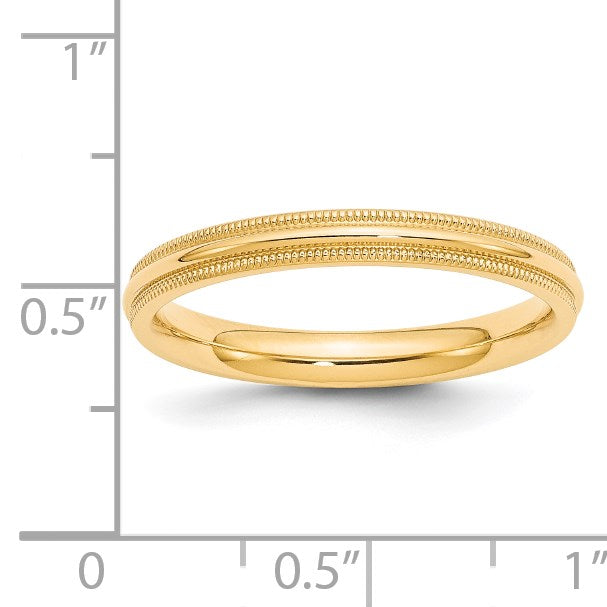 14k Yellow Gold 3mm Milgrain Half Round Comfort Fit Wedding Band Size 8