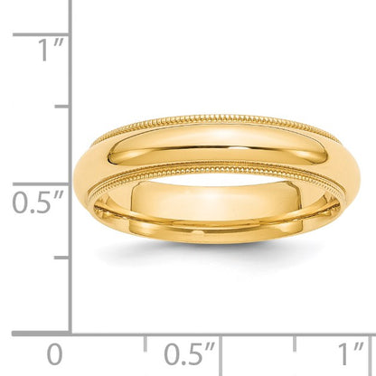 14k Yellow Gold 5mm Milgrain Half Round Comfort Fit Wedding Band Size 7.5