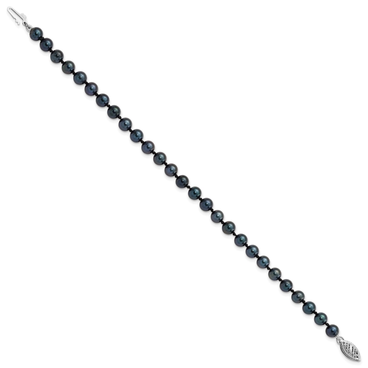 14k White Gold 5-6mm Black Round Akoya Saltwater Cultured Pearl 7 inch Bracelet