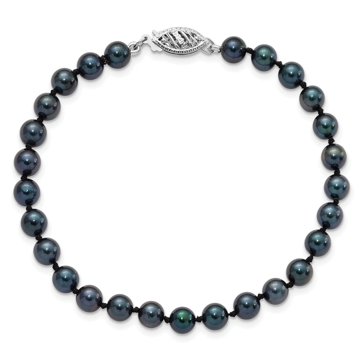 14k White Gold 5-6mm Black Round Saltwater Akoya Cultured Pearl 8 inch Bracelet
